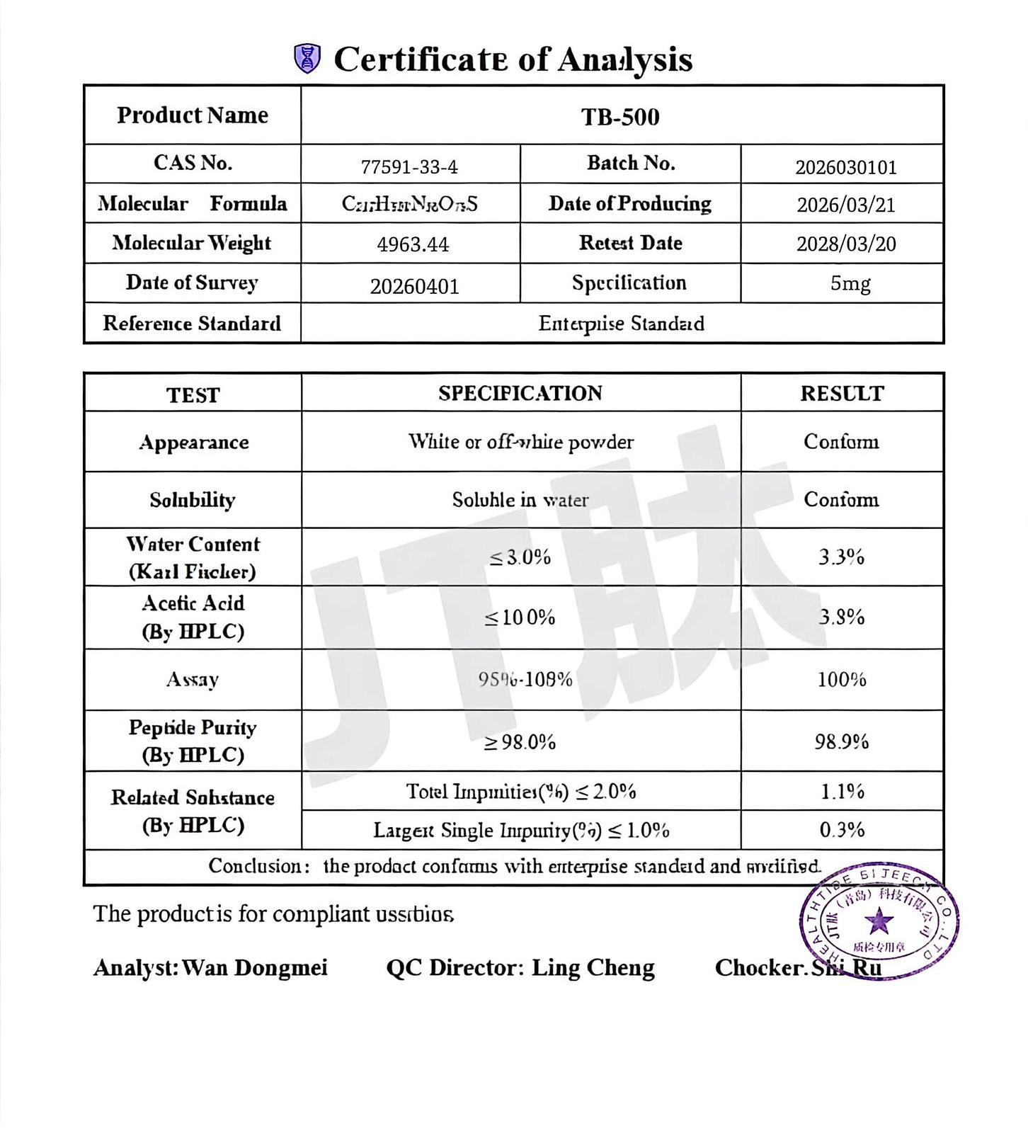 Healthtide Biotech Certificate of Analysis for TB-500, purity 98.9%