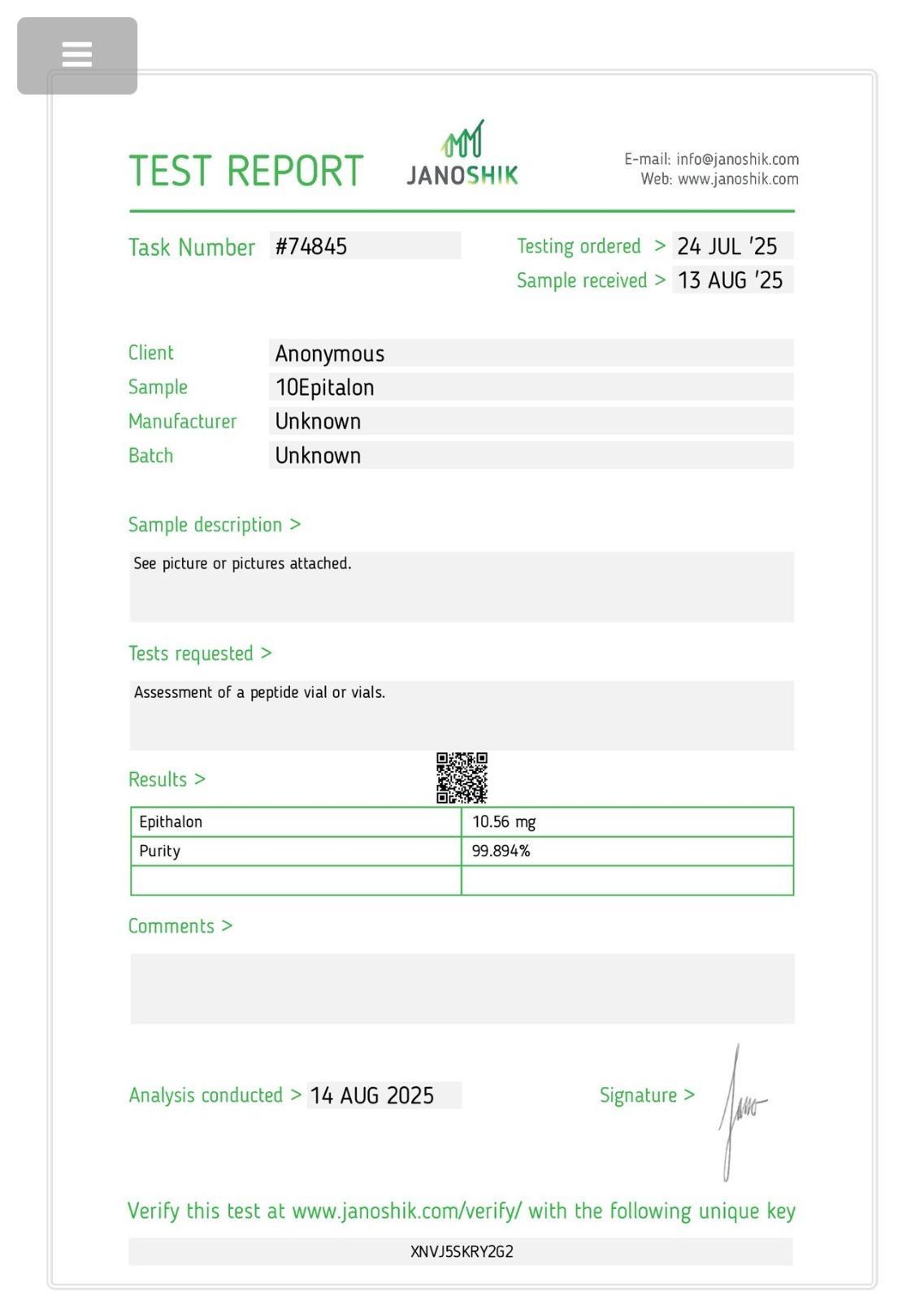 Janoshik Analytical Certificate of Analysis for Epitalon 10 mg, purity 99.894%