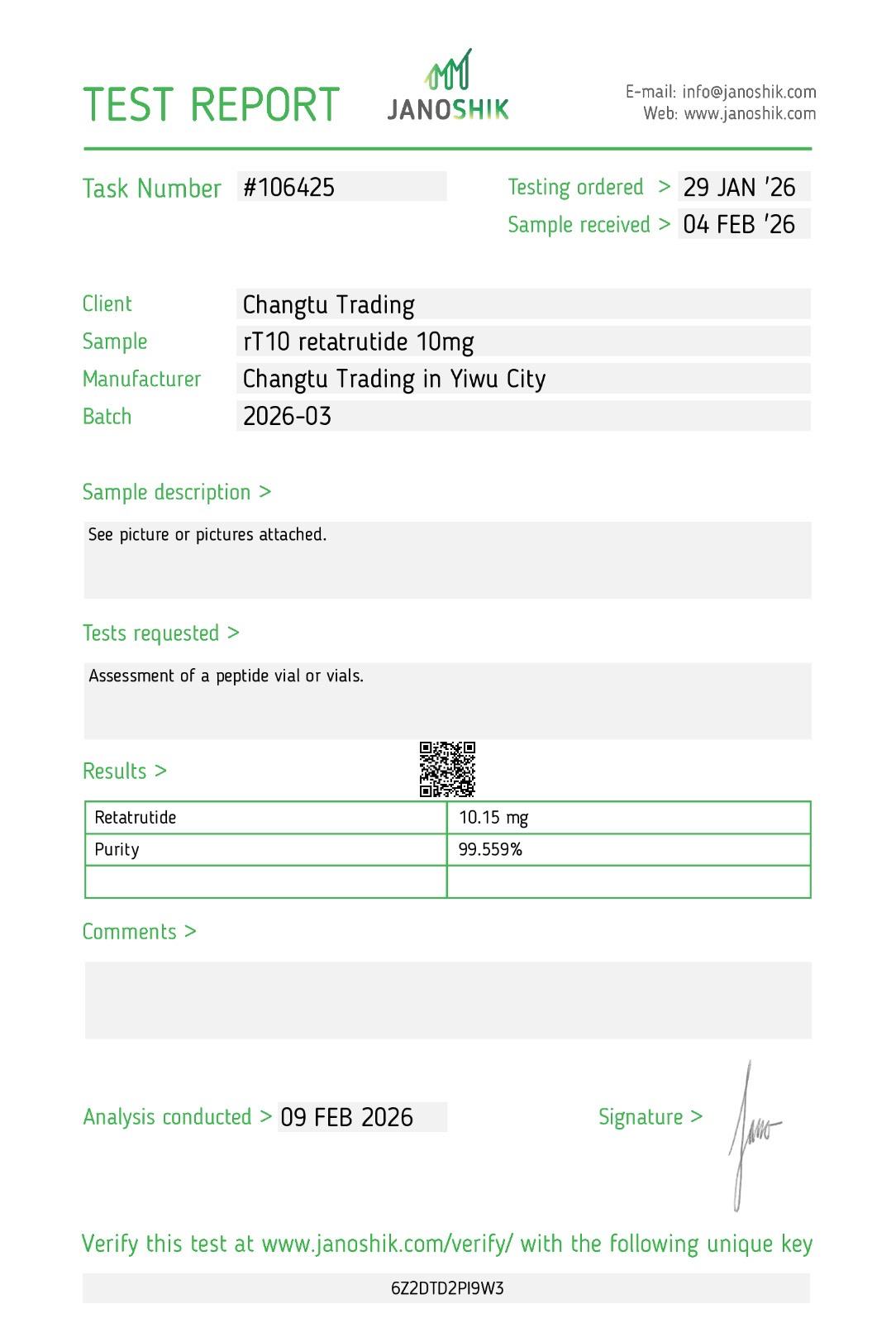 Janoshik Analytical Certificate of Analysis for Retatrutide 10 mg, purity 99.559%